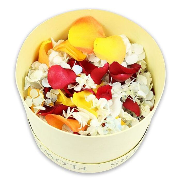 The photograph presents a refined, cylindrical hatbox in a pale cream-yellow shade, artfully filled with a dense, gently domed arrangement of dried flower petals and small florets, intended as a tasteful funeral or memorial tribute for families in and around Palmers Green. The box, made of smooth, sturdy paperboard, sits squarely on a pristine white surface, with soft studio lighting casting almost no shadows, so that all focus remains on the floral textures. Around the upper edge of the container, the word FLOWERS appears in discreet, debossed lettering, just visible enough to hint at its contents without competing with them. Inside, the petals form a tapestry of warm and cool tones. Deep red rose petals, velvety and slightly curled, bring a sense of devotion and solemn love. They are interspersed with luminous yellow petals and softer peach-orange pieces, whose sunny shades gently lift the mood, echoing the comforting glow of afternoon light along Aldermans Hill or across the open spaces of Palmers Green. Nestled between these larger, silky forms are countless small white florets, likely dried hydrangea, along with subtle touches of very pale blue. These tiny blossoms introduce a mist-like softness, creating a delicate, almost cloud-like layer that contrasts with the bold rose petals beneath. Each petal and floret appears well preserved, edges intact and colours vivid yet naturally muted by the drying process, suggesting premium quality botanical material. From the slightly overhead viewpoint, the viewer can almost imagine gathering a small handful to scatter over a resting place, to frame a condolence message, or to adorn a remembrance table in a local chapel or funeral home. The scene conveys thoughtfulness, quiet beauty, and an eco-conscious approach to goodbye flowers, the kind of detail-driven work you might expect from an experienced Palmers Green florist.