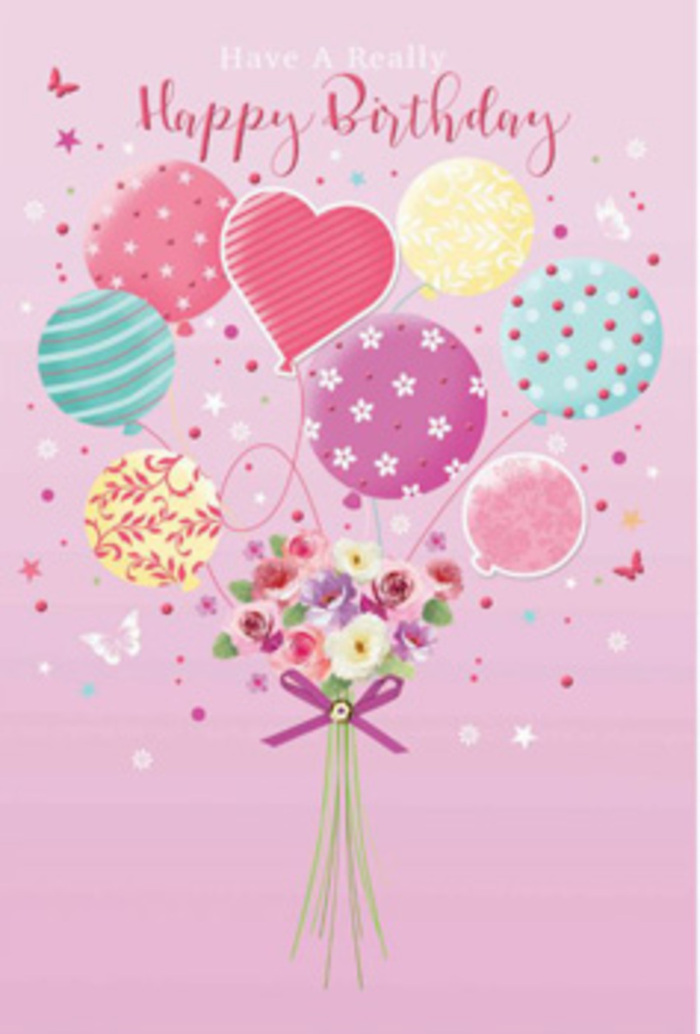 The scene on this birthday card feels like a pastel daydream unfolding over the streets of Palmers Green. A cluster of balloons appears to float weightlessly upwards, tugging a dainty bouquet of flowers with it, as though a garden from Broomfield Park has been gently lifted into the sky. The balloons, round and softly luminous, glow in layers of pale sunshine yellow, rosy pink, seafoam green, and delicate lavender. Each one carries its own decorative story: neat polka dots scattered like confetti, slender ribbons twining in spiral stripes, floral motifs blossoming across the surface, and a central heart-shaped balloon emphasising love and celebration. At their base, a hand-tied bouquet creates a focal point of texture and colour. Petite roses and daisy-like blooms nestle together, the petals graduating from soft cream to innocent blush and deeper rose, with hints of golden centres catching the imagined light. The bouquet feels freshly gathered, as if arranged by a local Palmers Green florist who knows exactly how to balance pastel romance with playful detail. A satin purple bow wraps snugly around the stems, its sheen adding a polished final touch. Around the composition, whimsical butterflies and tiny stars seem to drift through the air, enhancing the sense of gentle jubilation. The entire artwork suggests the subtle scent of fresh petals and the quiet happiness of a birthday morning spent near Green Lanes cafés or the leafy avenues of Palmers Green. It's a tender, uplifting image that makes the recipient feel seen, cherished, and joyfully celebrated.