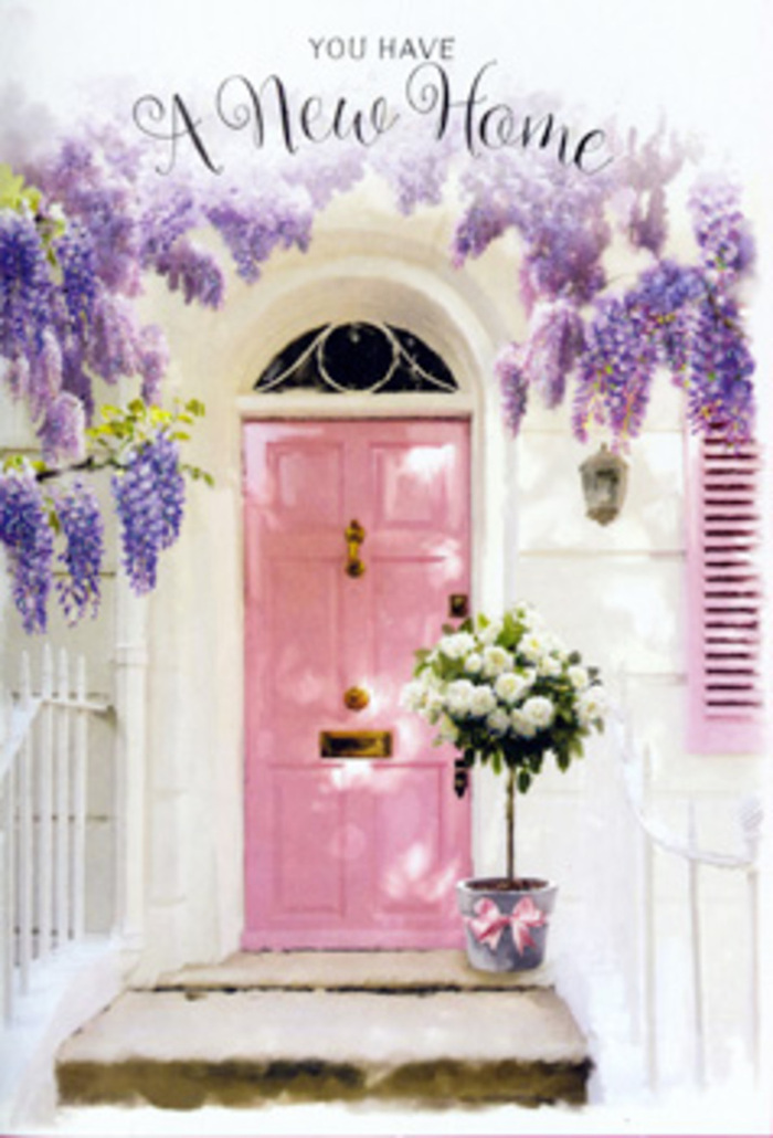 This image captures the tender excitement of arrival at a new Palmers Green home, framed by a doorway that seems to breathe in the gentle air of spring. A softly painted pink door stands at the centre, its blush tone warm against the crisp whitewashed walls that surround it. Above, generous swathes of wisteria drape down in curtains of lavender and lilac, their blossoms clustered in tumbling racemes that almost brush the top of the frame. The wisteria's twisting branches and trailing foliage create an organic arch that feels both protective and celebratory, reminiscent of leafy streets near Broomfield Lane when everything is newly in bloom. At the foot of the door, placed deliberately yet naturally, a stylish grey bucket is filled to overflowing with velvety white and cream roses, their petals unfurling in layered spirals. Interspersed between the roses, soft green foliage peeks through, adding texture and a hint of woodland freshness. A satin ribbon in a delicate pink hue is tied carefully around the bucket, letting its tails rest gently against the stone step, echoing the colour of the door and tying the whole composition together. The light is soft, perhaps late afternoon, casting mellow shadows and a golden tint that makes the arrangement glow. The atmosphere is one of quiet joy-no balloons or banners, just the simple language of flowers expressing congratulations and welcome. It feels like the kind of doorstep where a family has just moved in off Green Lanes, and a neighbour or local florist has left this bouquet to say, You are going to be happy here. The overall mood is hopeful, intimate, and deeply homely, ideal for conveying the emotional significance of a housewarming gift in Palmers Green.