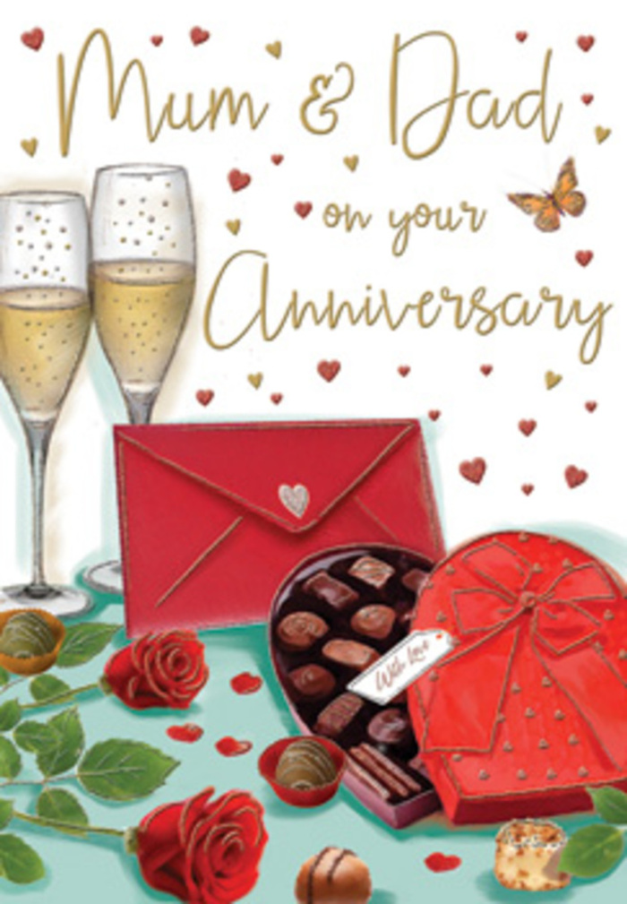 The anniversary card artwork unfolds like a romantic vignette, composed with the detail of a florist's eye and the warmth of a family celebration in Palmers Green. Two champagne flutes stand close together at the back of the scene, their slender stems and gently curved bowls rendered in clear, luminous tones. The champagne inside is a soft golden shade, with streams of bubbles rising as if captured just as someone lifts a glass for a toast. In front sits a heart-shaped box of chocolates in deep, romantic red, its lid open to show a careful grid of dark and milk chocolate pieces, each one shaded to suggest smooth, rich textures. A luxuriant red ribbon is tied into a full bow at the top, the loops and trailing ends cascading like satin. To one side, two red roses, intensely crimson and plush, rest with their green leaves splayed naturally, recalling the fresh, long-stemmed blooms we would choose for an anniversary bouquet at Flowers Palmers Green. A few loose chocolates are scattered nearby, suggesting the simple pleasure of sharing treats at the kitchen table after a dinner out on Aldermans Hill. A vivid scarlet envelope, perhaps containing a handwritten message for Mum & Dad, is placed thoughtfully among the items, its colour echoing the roses and ribbon. Around this central arrangement, delicate golden and ruby hearts drift across a warm, softly textured background, like sparkles of emotion hanging in the air. The whole image feels intimate, cosy, and celebratory, evoking the clink of glass, the scent of fresh roses, and the comforting sweetness of long-lasting love.