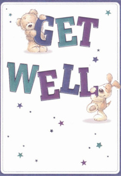 There's an unmistakable sense of comfort in this exquisitely detailed get well card, a warm gesture familiar to neighbours across Palmers Green. The handcrafted scene bursts with affection: a cuddly teddy bear lies atop the bold 'GET' in friendly, rounded letters while a spirited puppy gently nuzzles the word 'WELL' below. Each character's soft, expressive features evoke sincere wishes for recovery, mirroring the nurturing care locals find in thoughtfully arranged floral gifts. Indigo and teal letters, bright and rich as the blooms at the Palmers Green market, contrast beautifully with the crisp white background, casting a serene yet hopeful presence. Sprinkles of violet and blue stars arc playfully above, hinting at the magic that comes from community support and heartfelt encouragement. I'm reminded of preparing a bouquet designed to bring light to a friend's home-a sense echoed in this card's every detail. Perhaps the recipient lives by Hazelwood Lane or enjoys the gentle green stretches nearby; either way, this colourful scene imparts the healing touch that's at the heart of every gesture from our close-knit Palmers Green community.