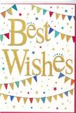 The image shows a joyful Best Wishes card whose design feels as lively and welcoming as a community gathering in Palmers Green. The card's background is a bright, unblemished white, creating a calm, open space where every decorative element can shine. In the centre, the phrase Best Wishes is written in flowing, cursive script, luxuriously finished in metallic gold that gleams as though lit from within. The letters look gently embossed, with a soft, tactile sheen that suggests both quality and care. Running in graceful curves above and below the wording are strings of colourful bunting, reminiscent of flags strung between lampposts for a local celebration near Broomfield Park. Each small, triangular flag is painted in vivid tones-cerulean blue, cherry red, grassy green, sunshine yellow, and touches of pink and purple-with some adorned by fine stripes or playful dots. Little glints of glitter highlight a few pennants, bringing a subtle sparkle that enhances rather than overwhelms. Scattered lightly around the bunting are tiny star shapes and round dots, mostly in coordinating colours with a few in soft gold, evoking confetti drifting lazily through the air after a cheer. The composition remains airy and uncluttered, allowing the golden words to stay at the heart of the design while still surrounding them with a sense of celebration. The feel is warm, inclusive, and encouraging-perfect for marking successes like exam results, a new job, or a fresh start here in Palmers Green. It's the sort of card that would naturally accompany a congratulatory bouquet, extending heartfelt support and happiness in a simple, elegant form.