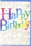 This image shows a jubilant birthday card whose front feels as upbeat as a family party in a Palmers Green living room filled with streamers and laughter. The words Happy Birthday stretch boldly across the centre in generous, rounded letters that command attention. Each letter carries a different hue in a smooth gradient-from deep, juicy reds through mango orange and lemon yellow into fresh greens, sea blues, and velvety purples-creating a rainbow effect that feels both playful and polished. The colours are rich without being harsh, reminiscent of a carefully coordinated balloon bouquet or a row of brightly iced cupcakes in a local café. Behind this vibrant greeting, the background is densely overlaid with fine, looping gold script repeating the phrase Happy Birthday to you. The handwriting is elegant and evenly spaced, forming a soft, shimmering tapestry that supports the main message like a chorus of whispered good wishes. The gold ink catches the light with a delicate sheen, more like brushed metal or champagne bubbles than bold glitter, lending the design a grown-up refinement. There are subtle specks and stars of colour scattered here and there, reinforcing the sense of confetti or tiny fireworks frozen mid-spark. The card's surface appears smooth and slightly glossy, giving the colours depth and clarity, while the layered text adds a gentle sense of dimension. Altogether, the design feels joyful, modern, and affectionate, the kind of birthday card you could imagine accompanying bright seasonal flowers delivered to a doorstep in Palmers Green to turn an ordinary day into a memorable celebration.