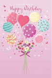 This birthday card illustration captures the feeling of a light, airy celebration, as if a bundle of balloons and flowers were soaring over Palmers Green in the first warmth of spring. The background is a soft, rosy pink, providing a gentle contrast for the pastel balloons that float upwards with effortless grace. Each balloon is individually detailed: some are wrapped in candy-coloured stripes, others are scattered with playful polka dots or delicate starbursts, and at the centre a heart-shaped balloon glows with affectionate warmth. The colours shift harmoniously between blush pink, mint green, lemon yellow, powder blue, and lavender, creating a calm yet joyful palette. Anchoring this floating display is a hand-tied bouquet gathered at the base. Roses and anemone-like blossoms cluster together in creamy ivory, blush, and soft mauve, their feathery petals layered and full, as though just arranged in a Palmers Green studio by Flowers Palmers Green. A neat violet satin bow secures the stems, the smooth ribbon catching the light with a subtle shimmer. Tiny butterflies and glimmering stars are scattered around the bouquet and balloons, adding a hint of fairy-tale magic that feels right at home near the leafy paths of Broomfield Park or the friendly cafés along Green Lanes. The whole scene suggests the gentle rustle of balloons, the imagined sweetness of fresh floral fragrance, and the quiet excitement of a birthday about to be celebrated. It's a whimsical, tender image that promises a bright, unforgettable birthday moment.