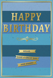 A beautifully composed birthday card in shades of blue and gold is shown as though it has just been set beside a fresh vase of flowers in a Palmers Green home. The background is formed from wide, horizontal stripes that shift in gentle gradations of blue-from deep, almost midnight tones at the top and bottom to calmer, mid-sky hues towards the centre-creating a soothing, layered effect reminiscent of the changing sky over Green Lanes. Centered on this tranquil canvas, the words HAPPY BIRTHDAY stand out in large, embossed gold capitals, each letter raised and softly reflective, catching light like the glint of glassware on a birthday table. Just below, an ornate golden flourish adds a touch of traditional elegance, its curves suggesting the careful hand of an experienced stationer. Beneath this decorative motif, three slender gold banners rest in an orderly row, each carrying part of a friendly message that flows into one warm invitation: Relax, have a great day and enjoy! The gold elements feel cohesive and balanced, anchored by the deeper blue stripes below and encircled by a slim golden border that frames the whole design. The card exudes quiet celebration rather than loud festivity, as if made for someone who appreciates calm, thoughtful gestures. You can imagine it accompanying a birthday delivery arranged by a local florist, waiting on a Palmers Green windowsill where the soft London light picks out every shimmer of gold, inviting the recipient to slow down and truly savour their day.