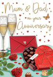 An illustrated anniversary card is depicted as an inviting tabletop still life, filled with classic romantic details that could easily accompany a family celebration in Palmers Green. At the heart of the composition, two tall champagne flutes stand in close alignment, half-filled with pale golden champagne. The artist has captured tiny bubbles rising through the liquid, lending the glasses a sense of life and movement, as if a toast between long-married partners is about to begin. In front of them rests a heart-shaped chocolate box, rich red and slightly glossy, its lid tipped open to reveal neat rows of assorted chocolates, some dark, some lighter, all shining softly as though freshly unwrapped. A dramatic scarlet bow adorns the box, its loops and tails carefully drawn to suggest thick, luxurious ribbon. To one side, a pair of velvety red roses lies gracefully on the table, their petals layered and full, nestled among fresh, glossy green leaves that hint at the quality you might see in a hand-tied bouquet delivered along Hedge Lane. Scattered chocolates, some resting close to the roses, add a sense of relaxed indulgence. A bright red envelope, sealed and slightly askew, suggests a handwritten anniversary message, possibly for cherished parents whose journey together is being honoured. Above and around these central elements, tiny gold and crimson hearts float against a warm, softly glowing background, giving the whole card a gentle shimmer, like candlelight reflecting off glass in a cosy Palmers Green dining room. The image radiates tenderness, celebration, and the simple joy of sharing sweet moments with the one you love.